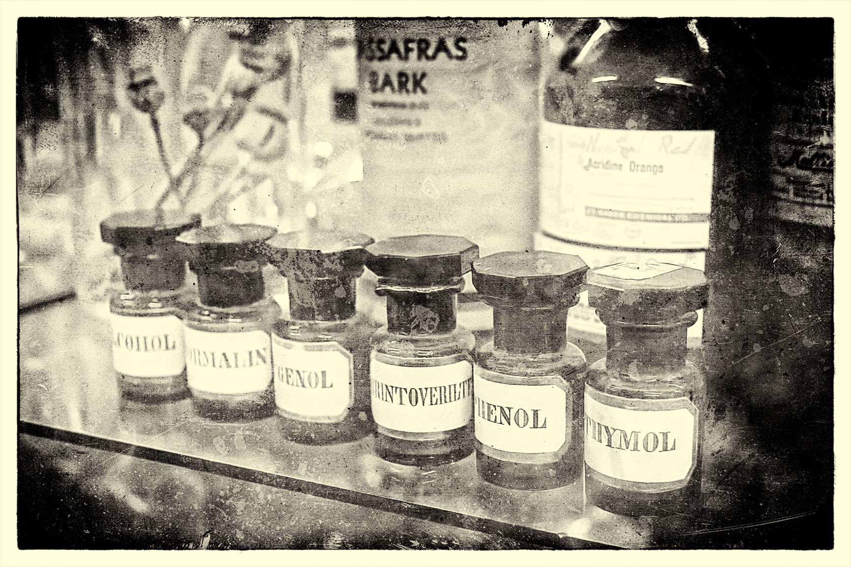 an old po of jars with labeled labels