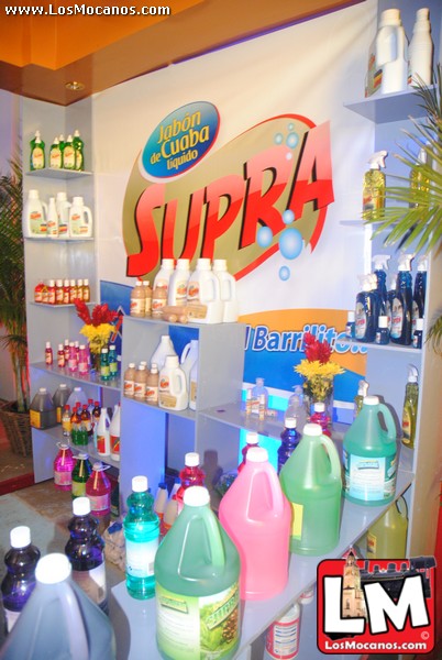 a group of cleaning products is displayed on shelves