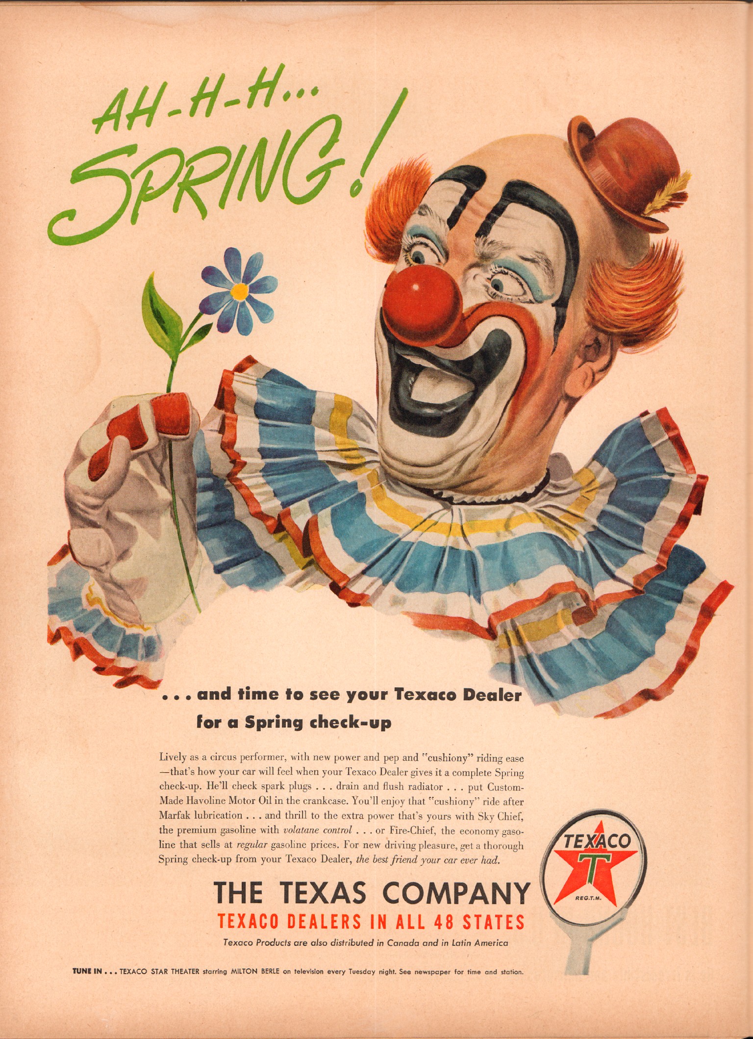 a poster featuring a clown dressed as an old woman with flowers in hand