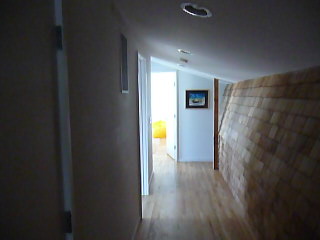 the hallway has wood flooring and a wall