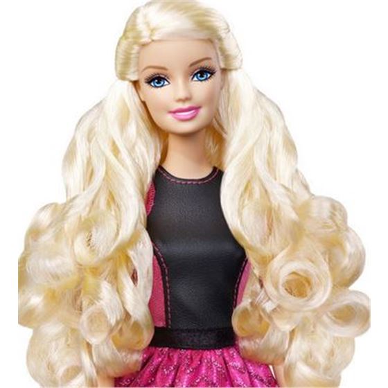 an adult barbie doll is wearing long blonde hair