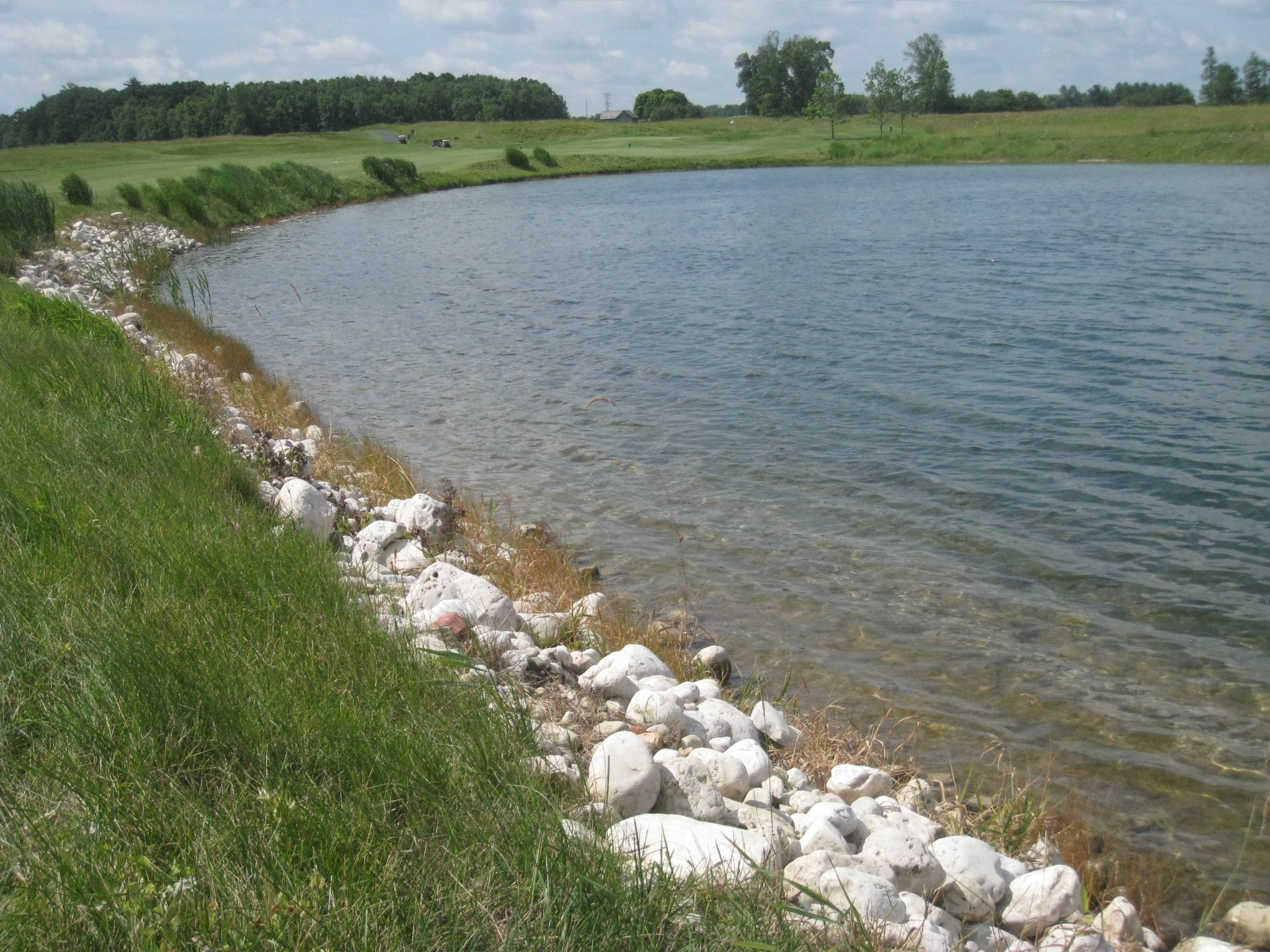 rocks near a large lake in a field
