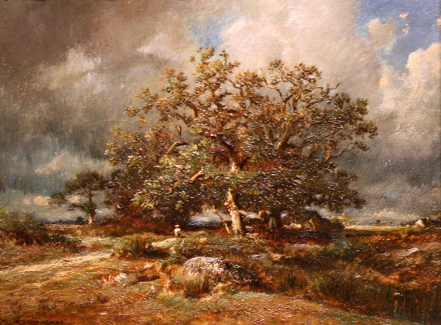 an oil painting of a tree and some people in a field
