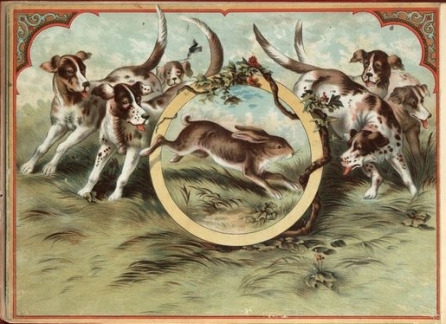 a painting depicting four dogs running across the grass