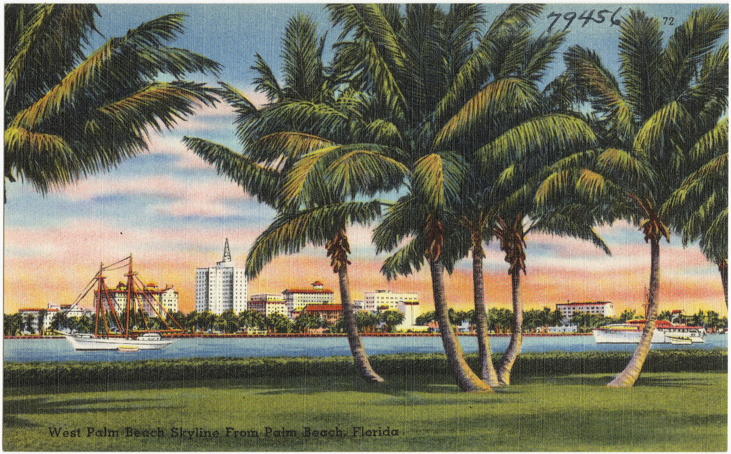 a painting of palm trees in the foreground, and a city skyline in the background