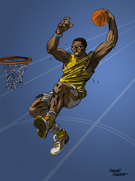 an artistic drawing of a basketball player with his arm in the air