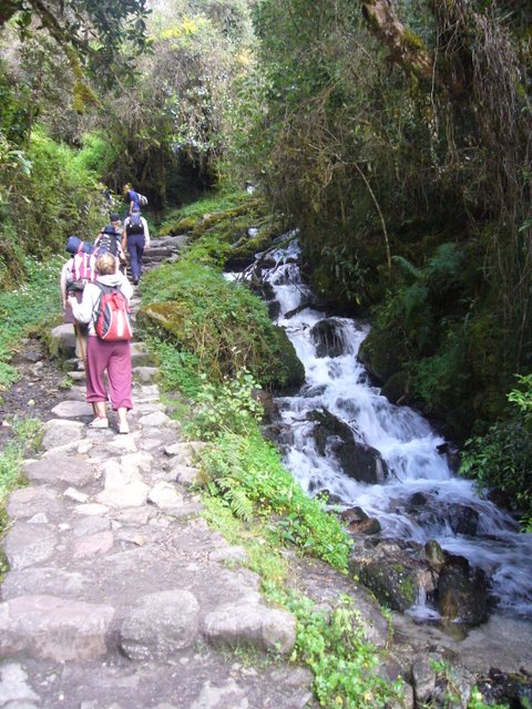 people walking on trail with mountain stream behind