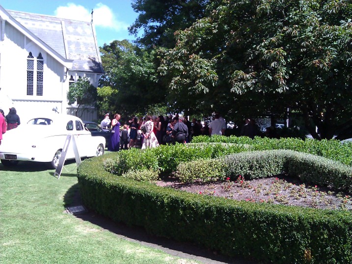 a group of people standing next to a hedge and car