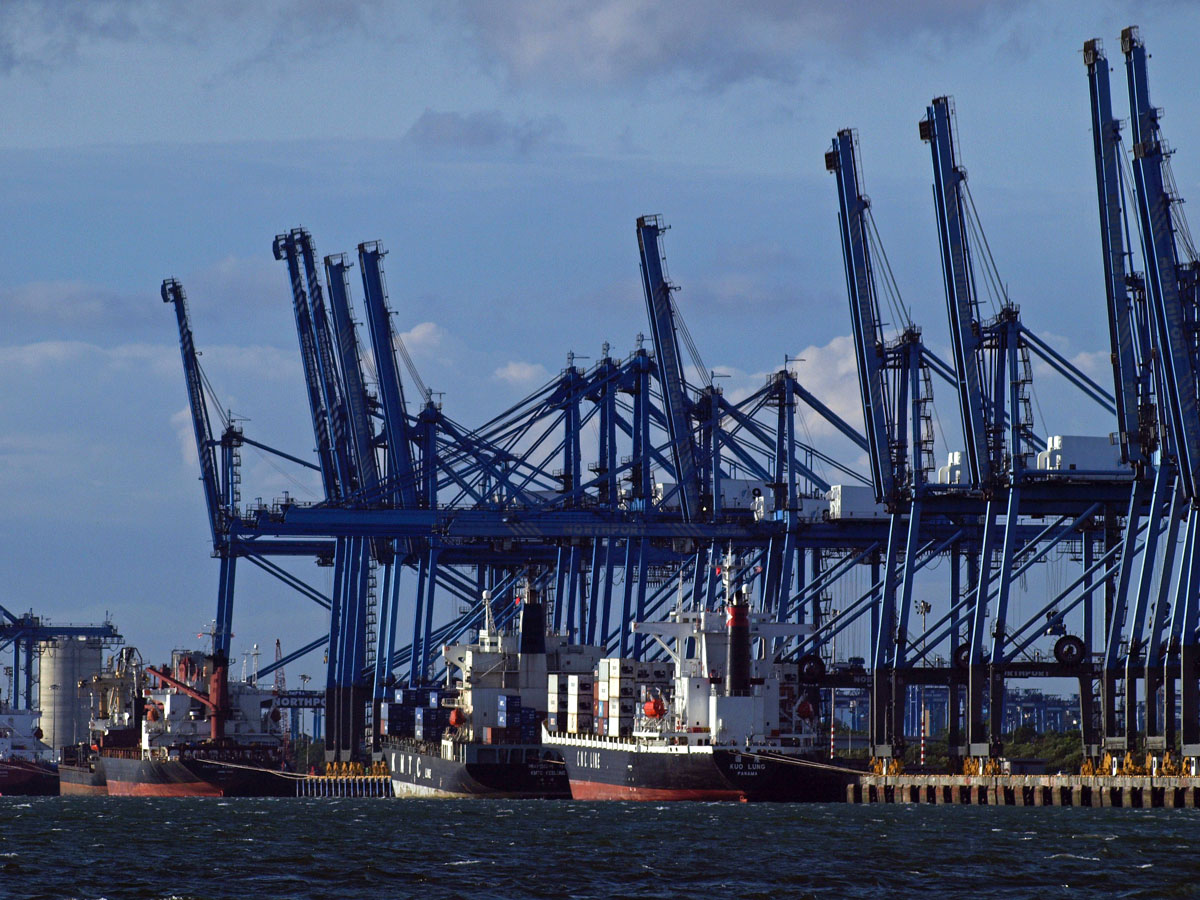 some very large blue and white cranes at a body of water