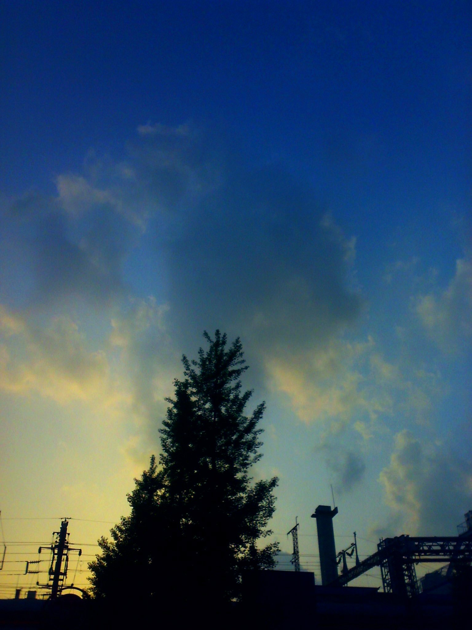 an old factory, pipes and trees are silhouetted against the evening sky