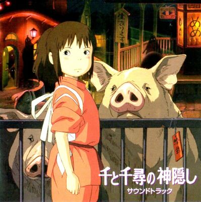 an anime character standing next to a pig