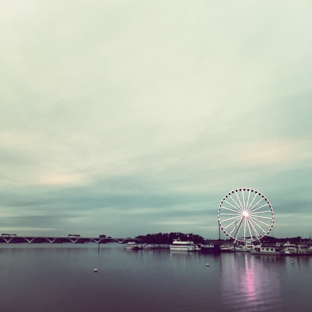 a ferris wheel sitting above water on top of a cloudy day