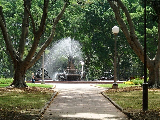 an empty path through the park to a fountain