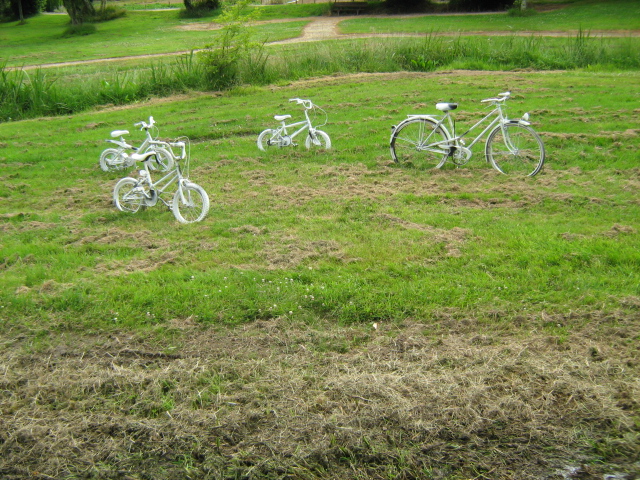 three bikes sitting in the middle of a grassy field