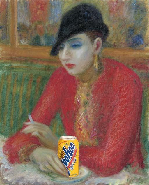 a pastel of a woman sitting at a table with a soda in front of her