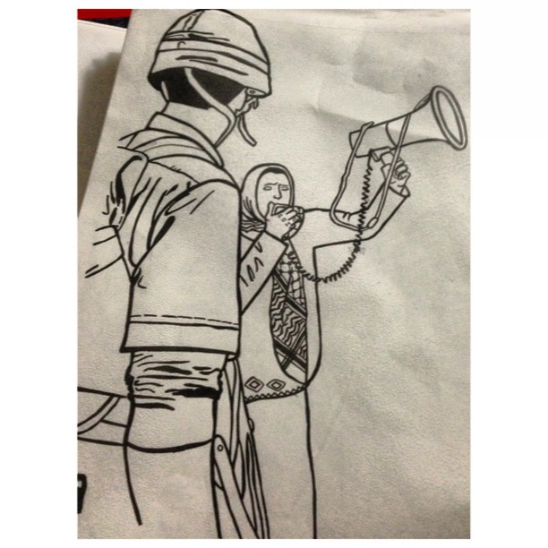 a drawing of a man holding a microphone with a girl watching him