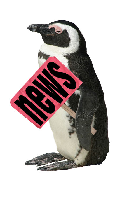 a penguin holding a pink sign that says news