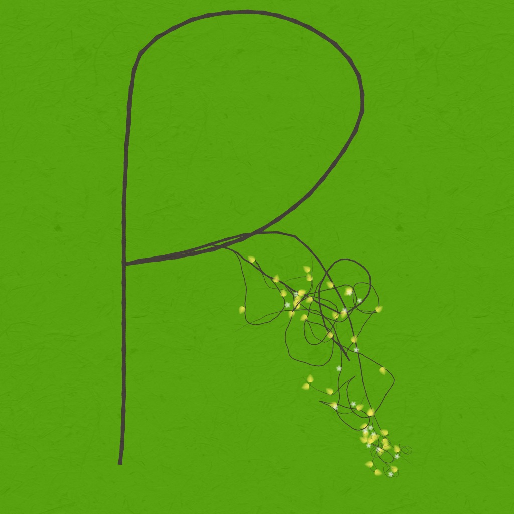 the letter r is surrounded by tiny yellow dots