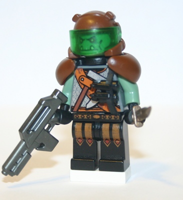 lego man holding a gun with an image of a bear