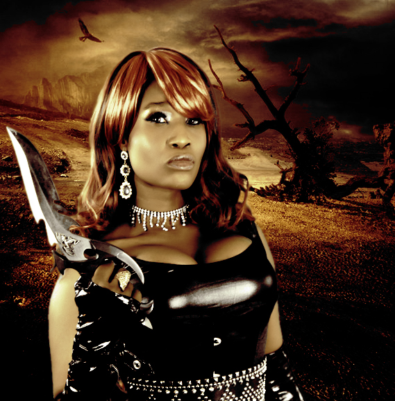 a woman with red hair holding a large knife