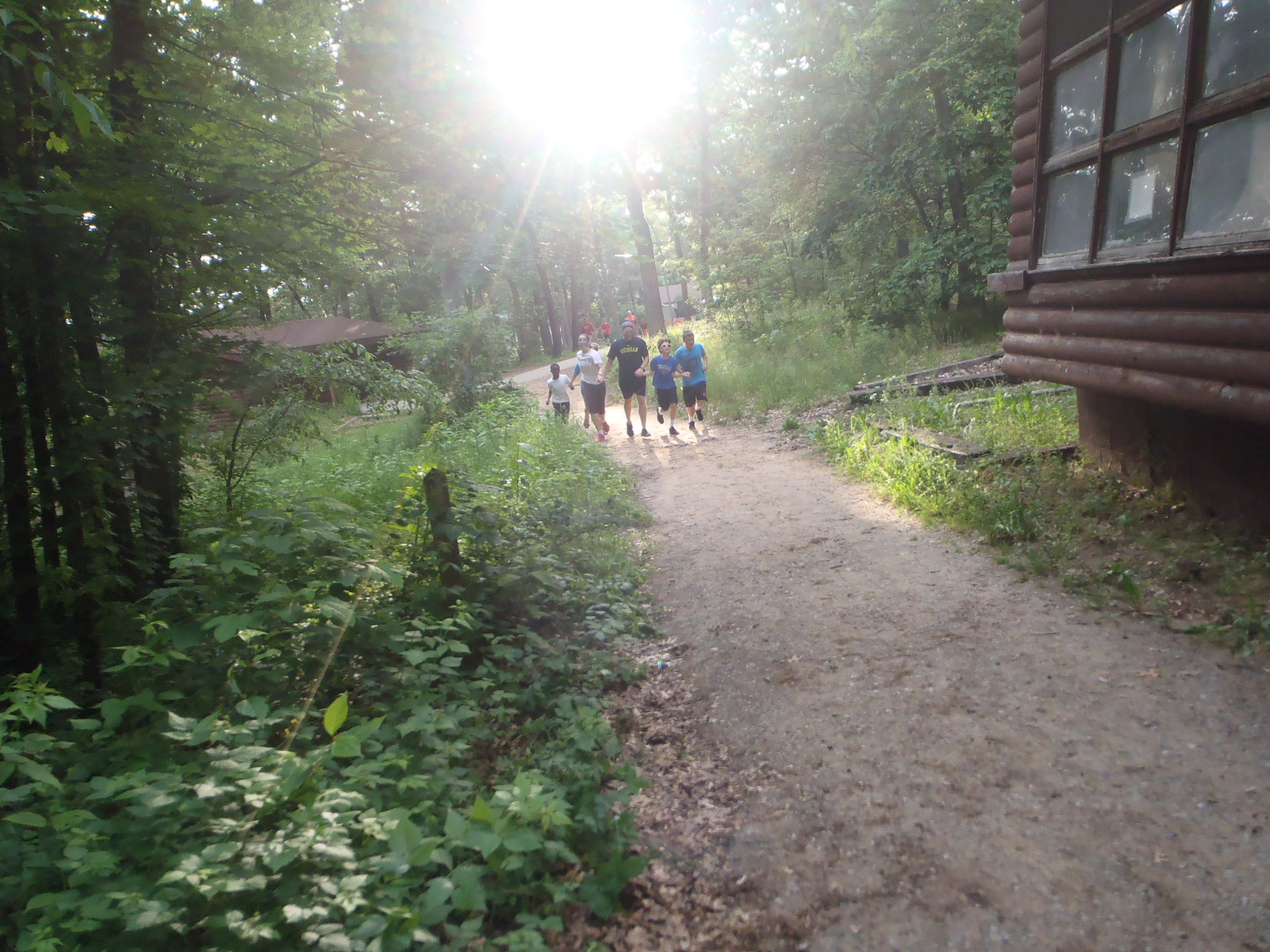 a group of people walk along the path near a log cabin