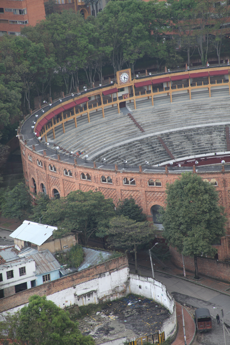 an aerial view of a large stone arena