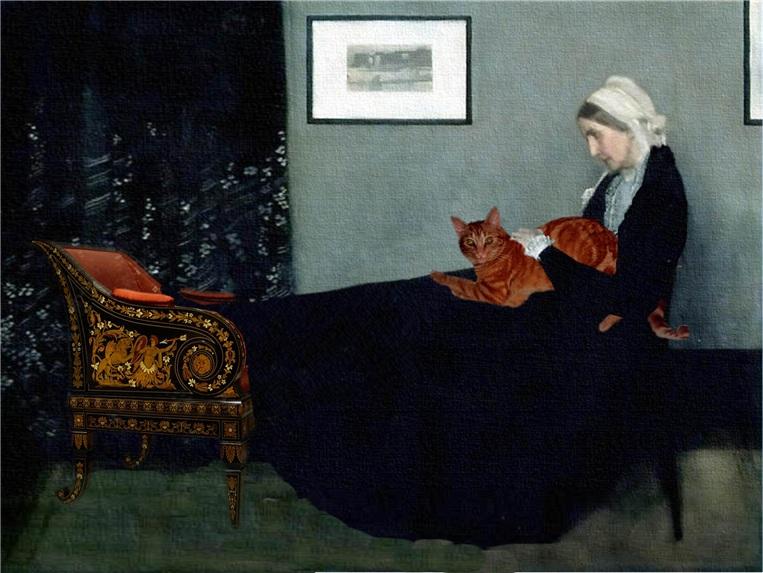 the woman sits on the edge of the bed with her cat
