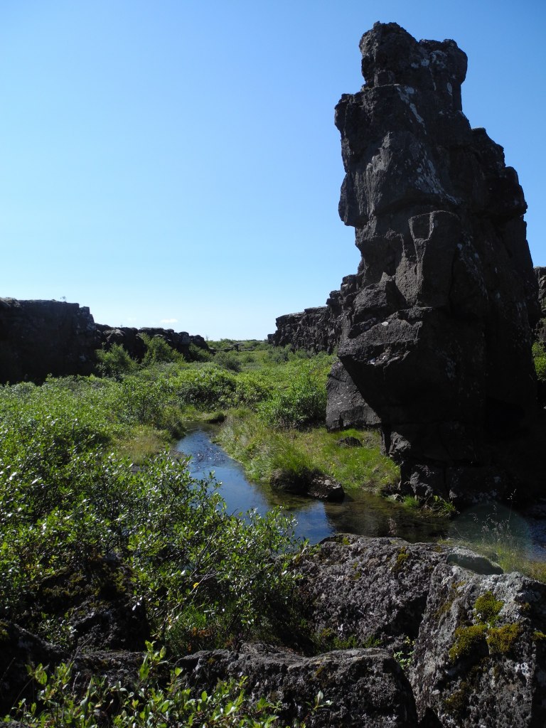 a small stream runs between large rocks and vegetation