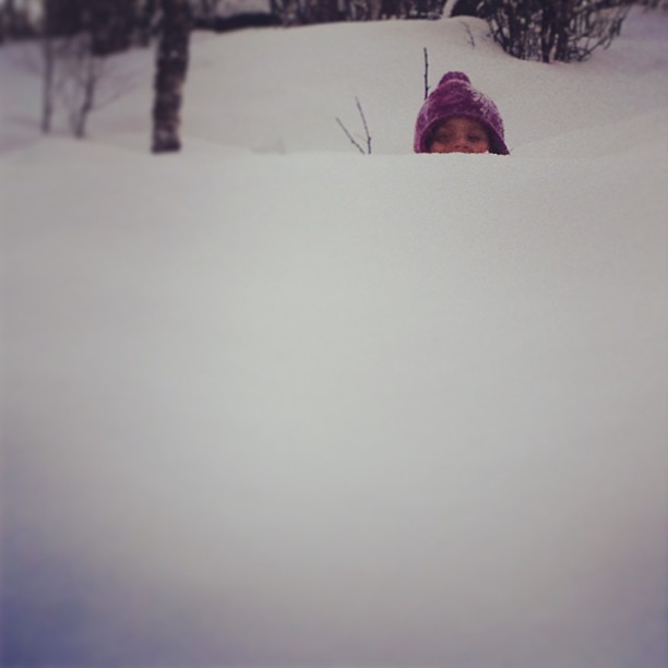 a person standing in the snow between two trees