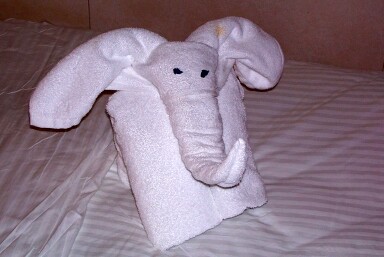 an elephant towel puppet is lying on the bed