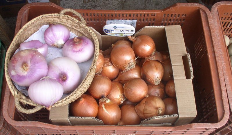onion, onion and garlic are in baskets for sale