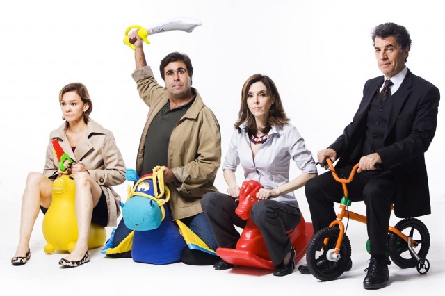 people with toy items in an advertit for children's clothing