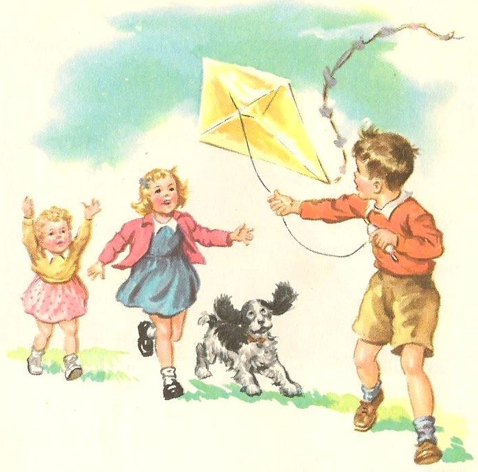 two children in short skirts run as they hold a kite