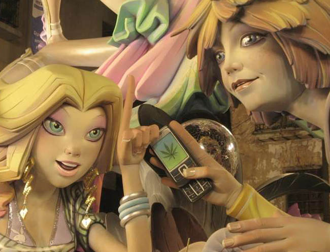 a picture of some cartoon like characters on their phones