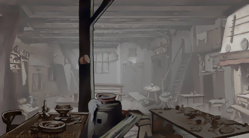 an art painting of a kitchen in a warehouse