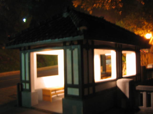 a small pavilion sitting under a street light at night