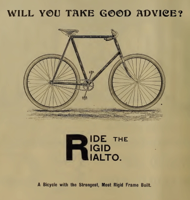 a bicycle advertising an advertit for ri alto