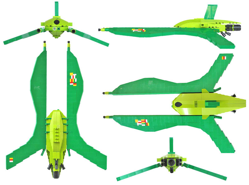 a green aircraft with six views of it