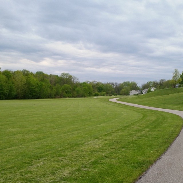 green fields on the side of a road, and paved walkway