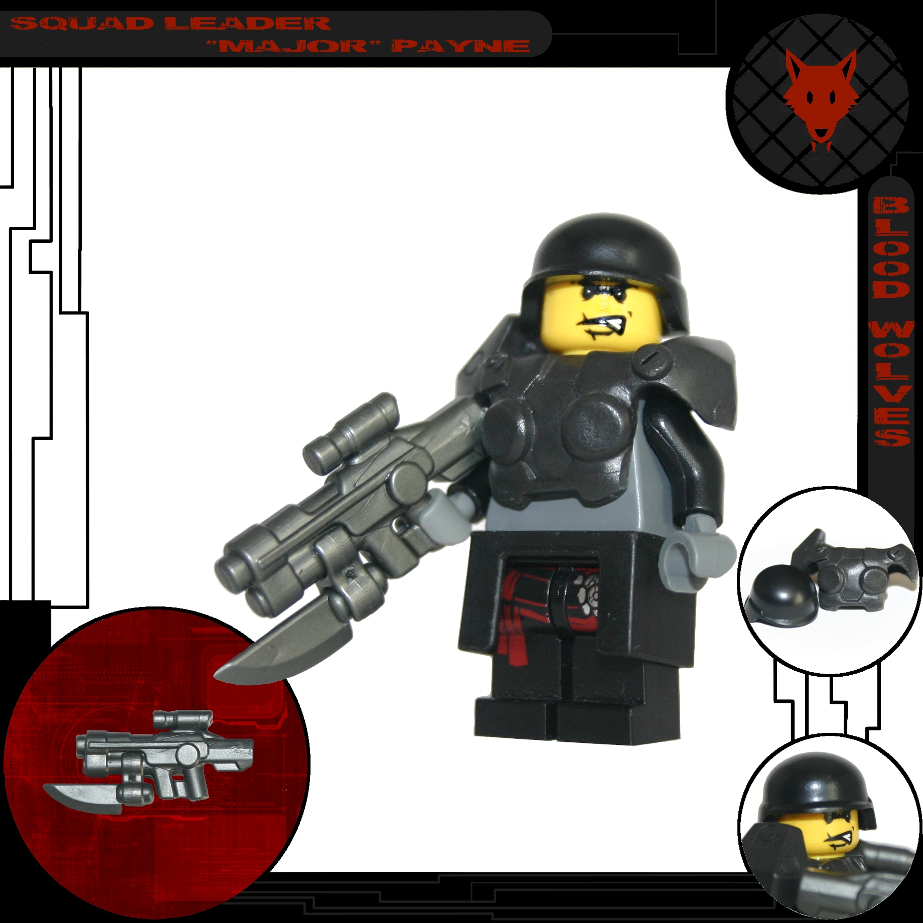 a lego figure is holding a weapon with an arrow on his shoulder