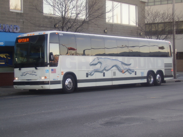 the long bus has a greyhound painted on it's side