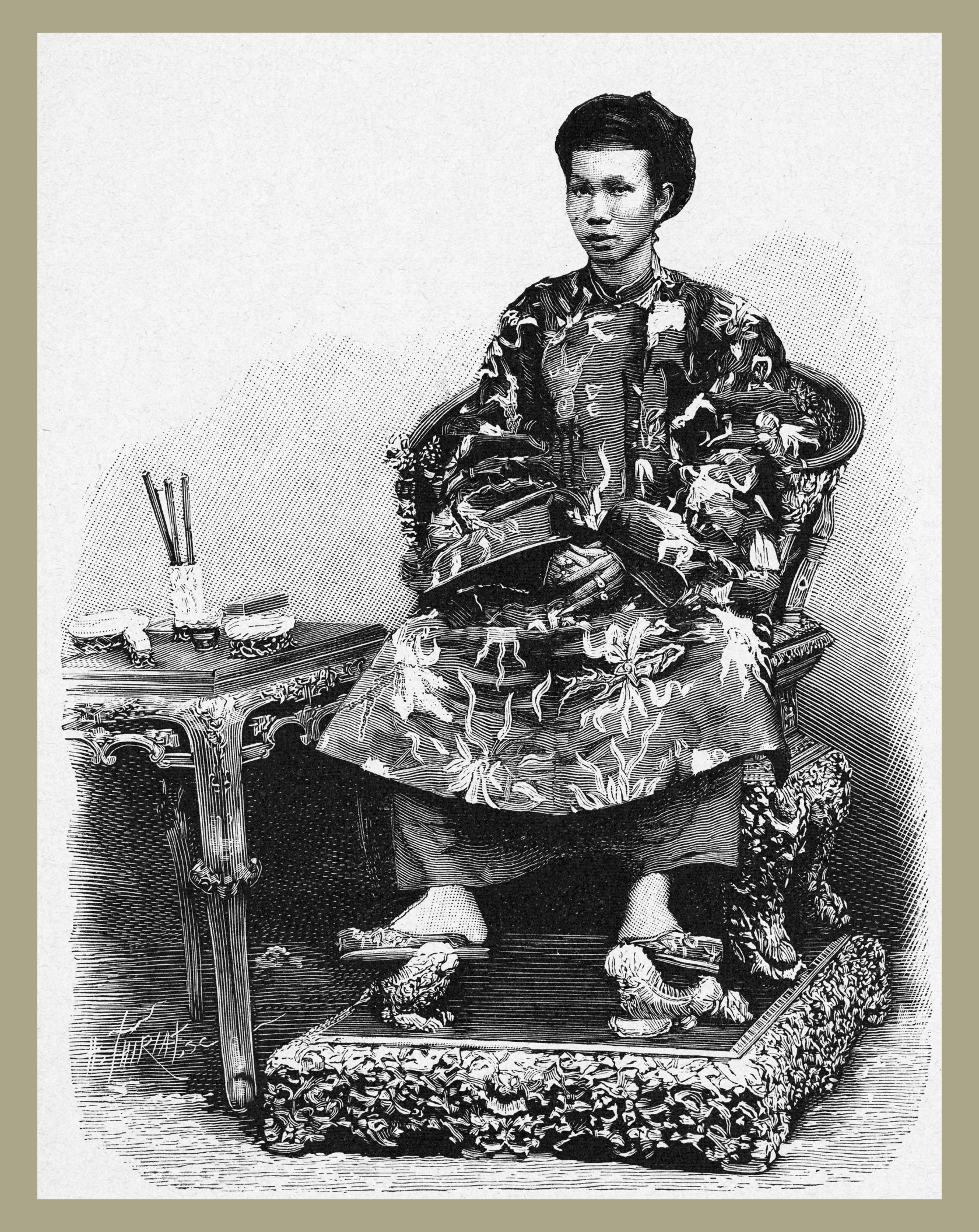 an engraving of a man wearing kimono