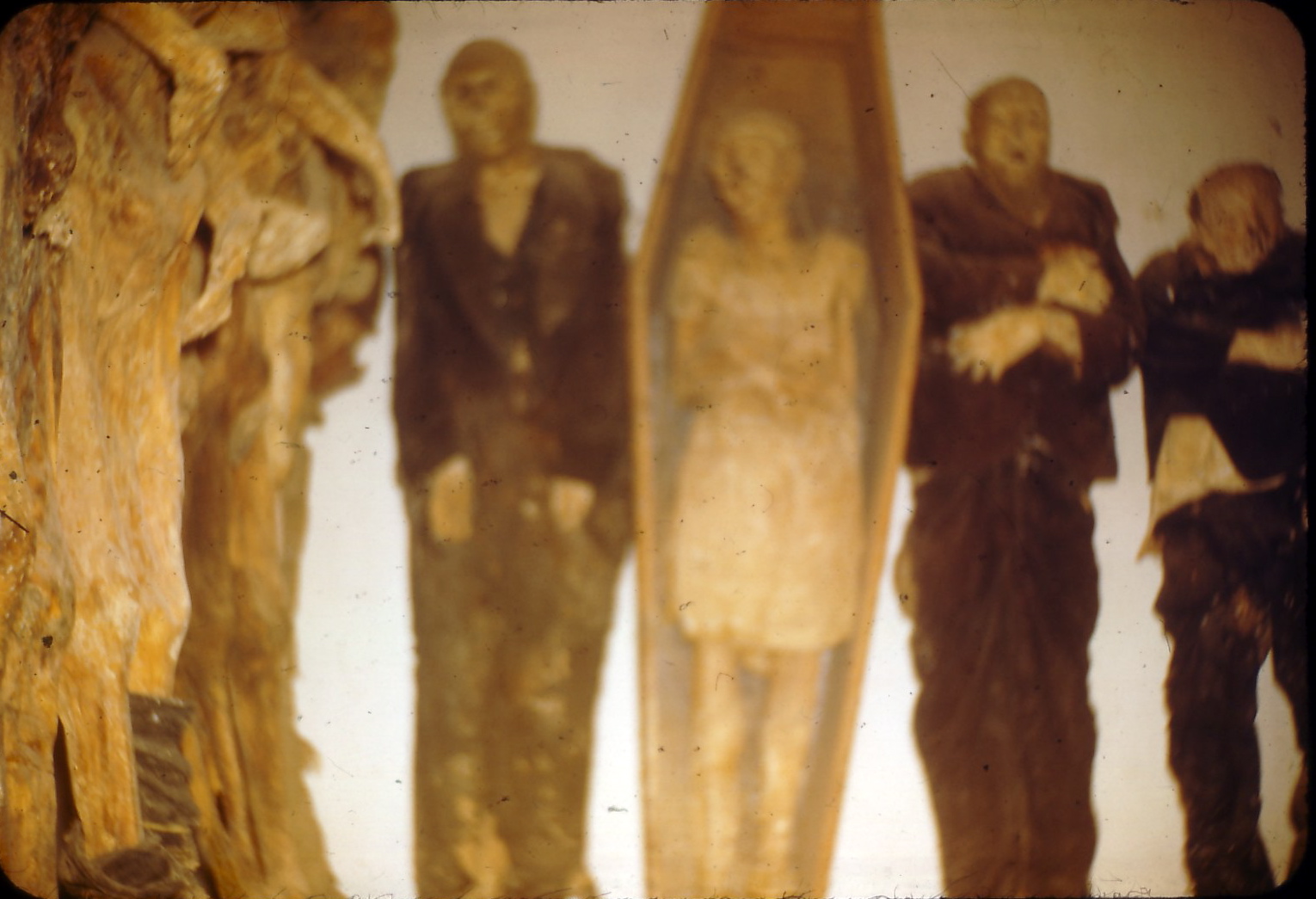 a couple of wooden statues on display with each of them standing behind