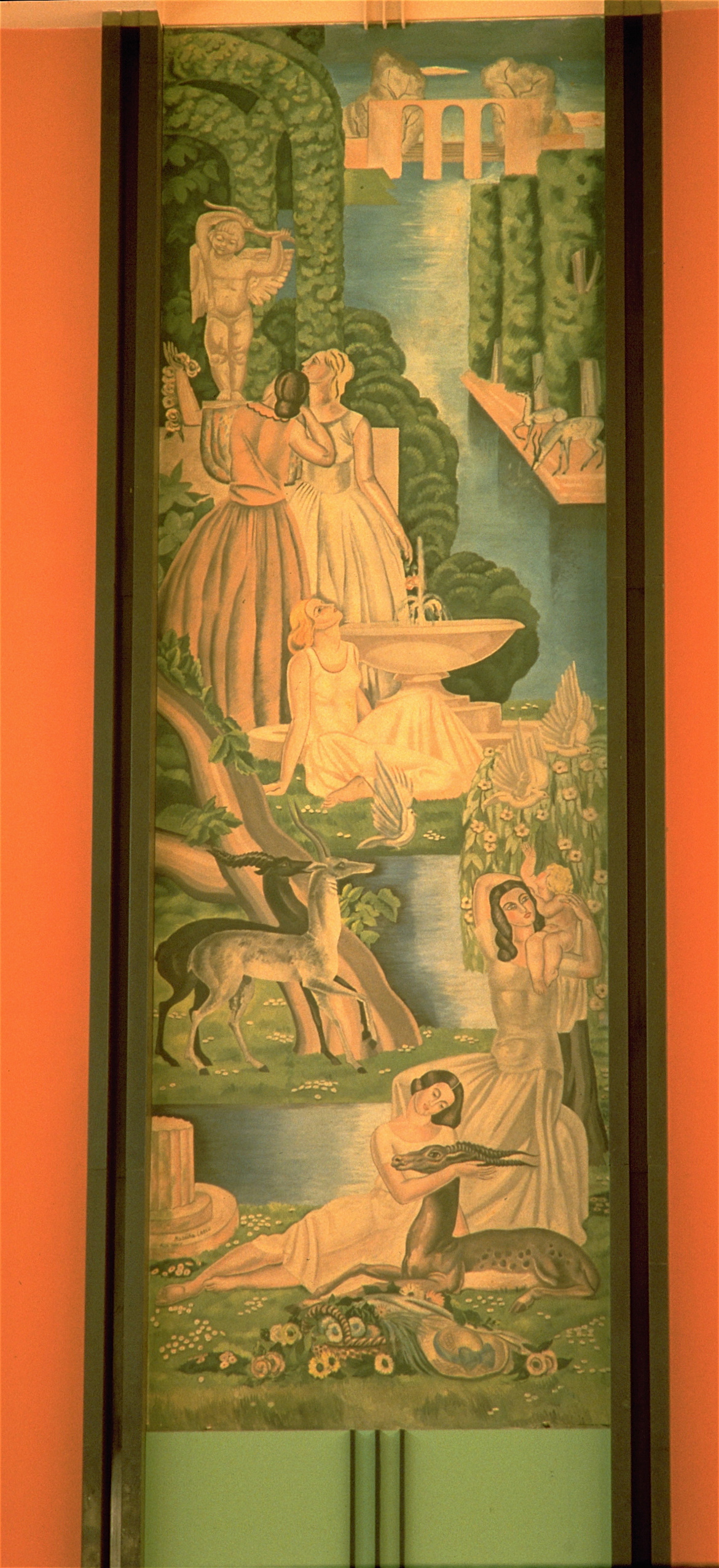 a painting of women in a green dress on a wall