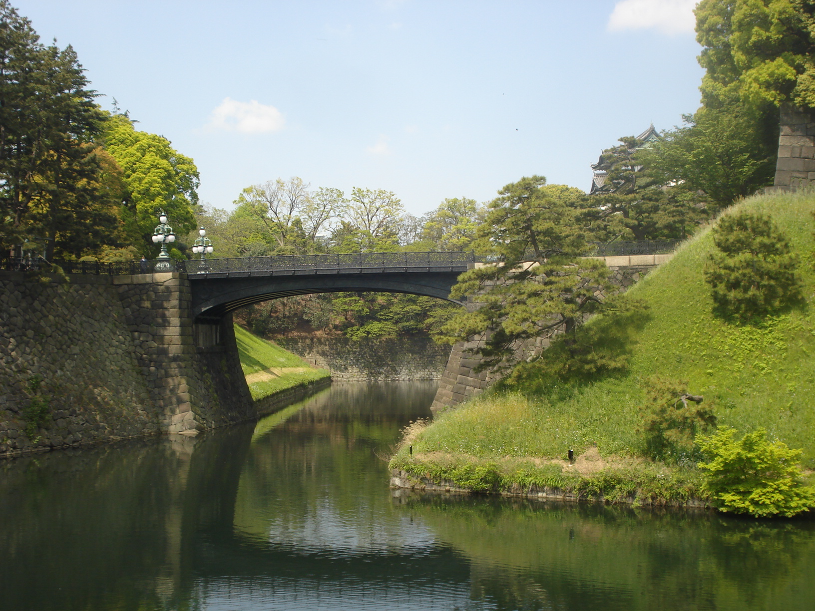 an arched black bridge over a waterway and grassy bank