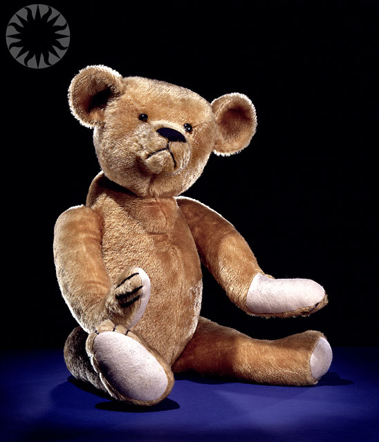 the teddy bear is sitting with its foot in a circle