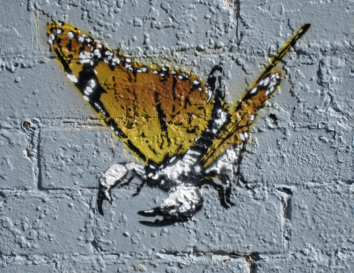 a erfly is painted on the side of a building