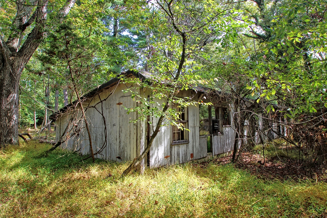 an old white building sitting among some trees