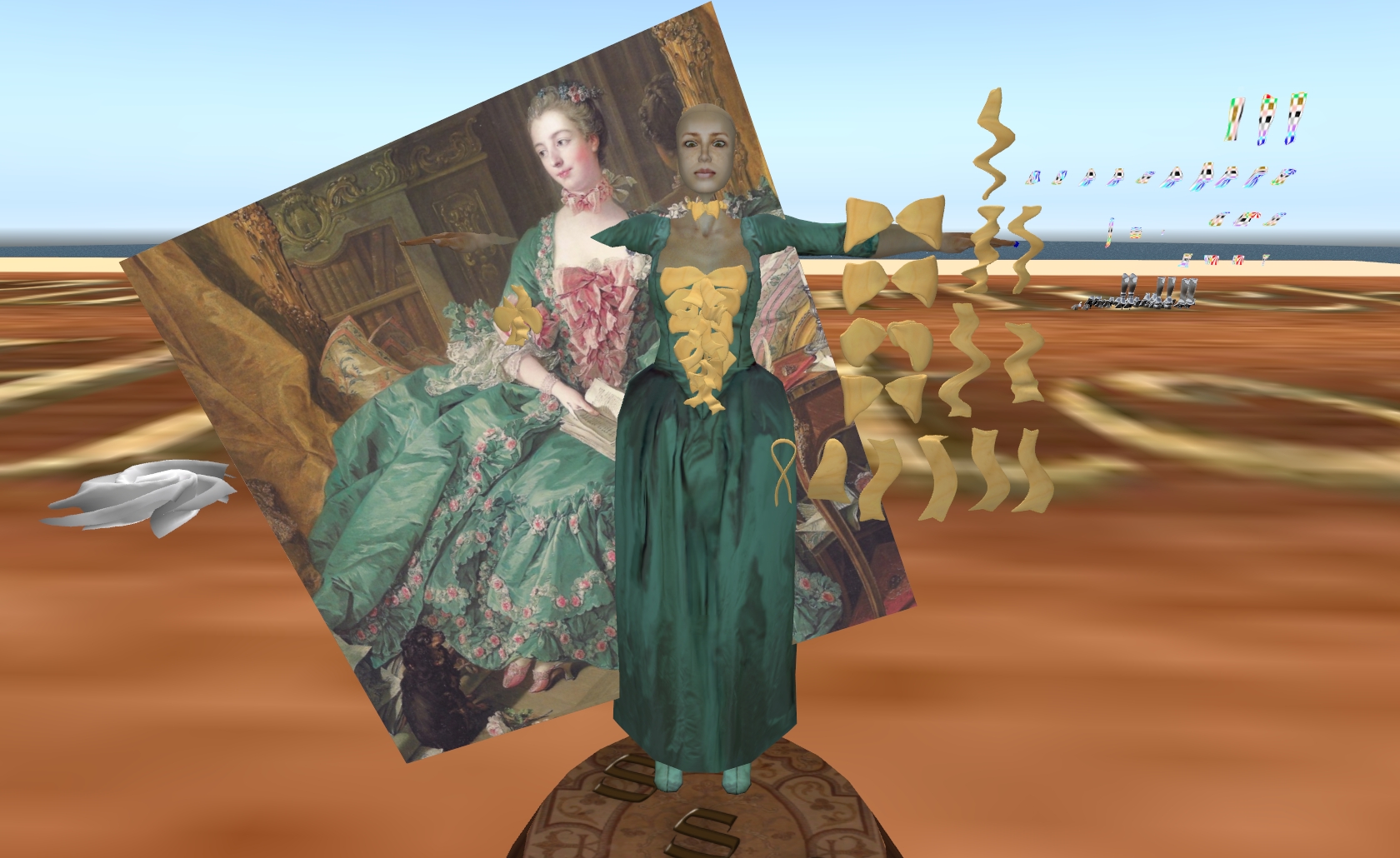 a digital - art scene shows a woman in costume and a painting on a table