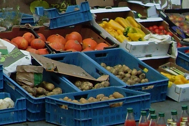 several blue containers filled with fruits and vegetables